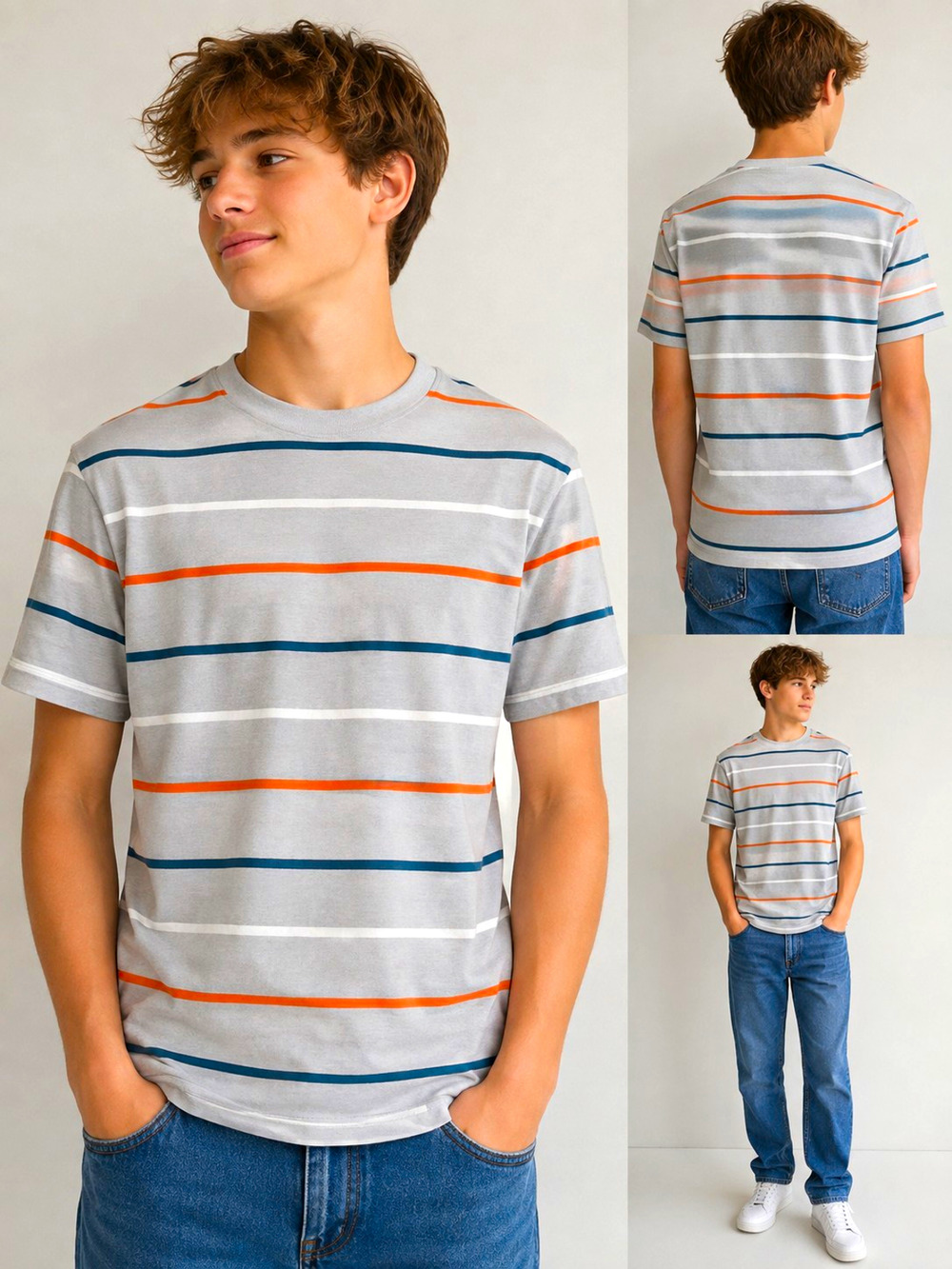 Circo Boys XL 16-18 Gray Striped T-Shirt Orange Blue White Short Sleeve Target